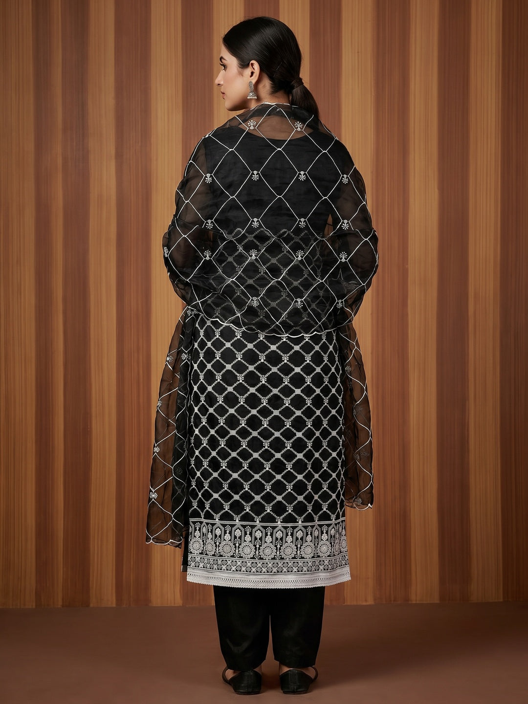 Black Floral Embroidered Organza Dress Material - Image 2