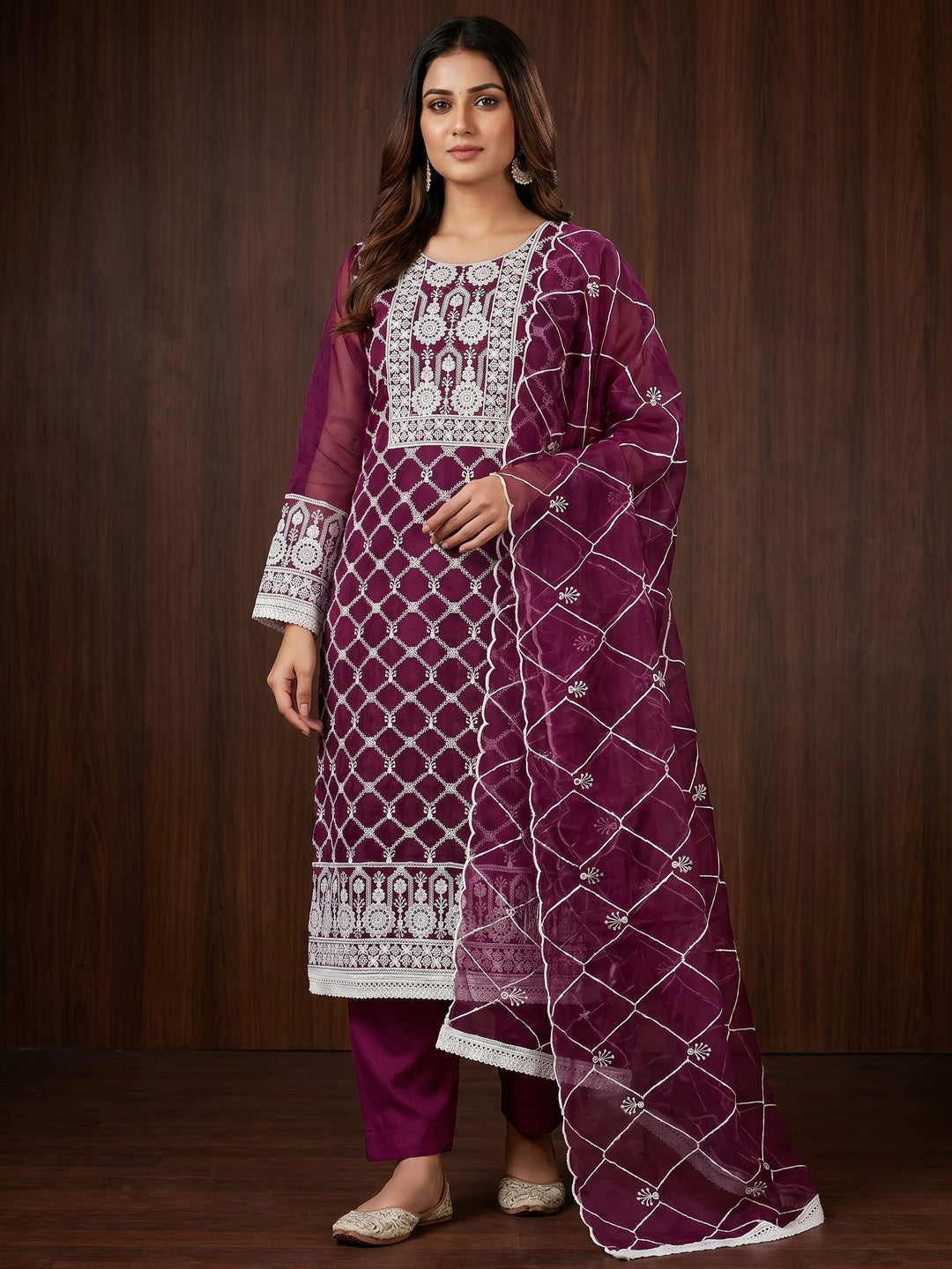 Wine Floral Embroidered Organza Dress Material - Image 1
