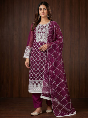 Wine Floral Embroidered Organza Dress Material - Image 1