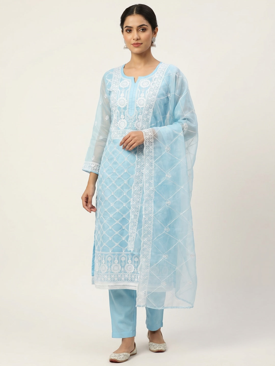 Blue Floral Embroidered Organza Dress Material - Image 1