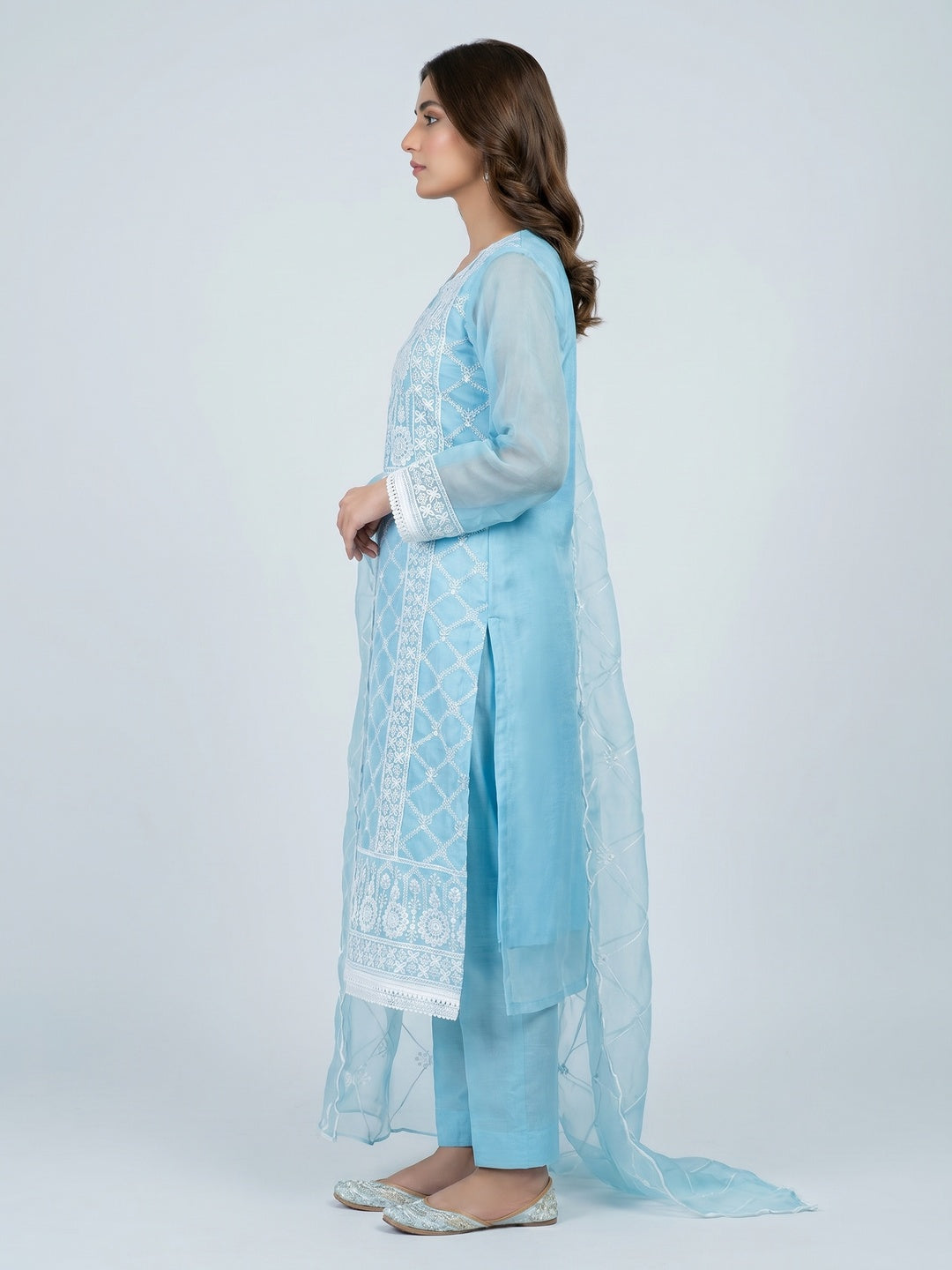 Blue Floral Embroidered Organza Dress Material - Image 2