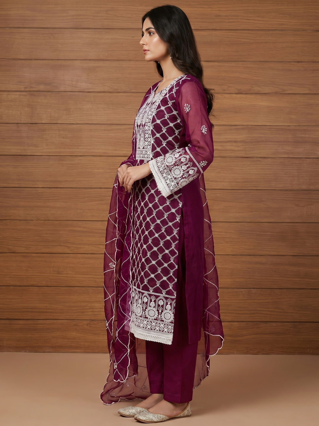 Wine Floral Embroidered Organza Dress Material - Image 2