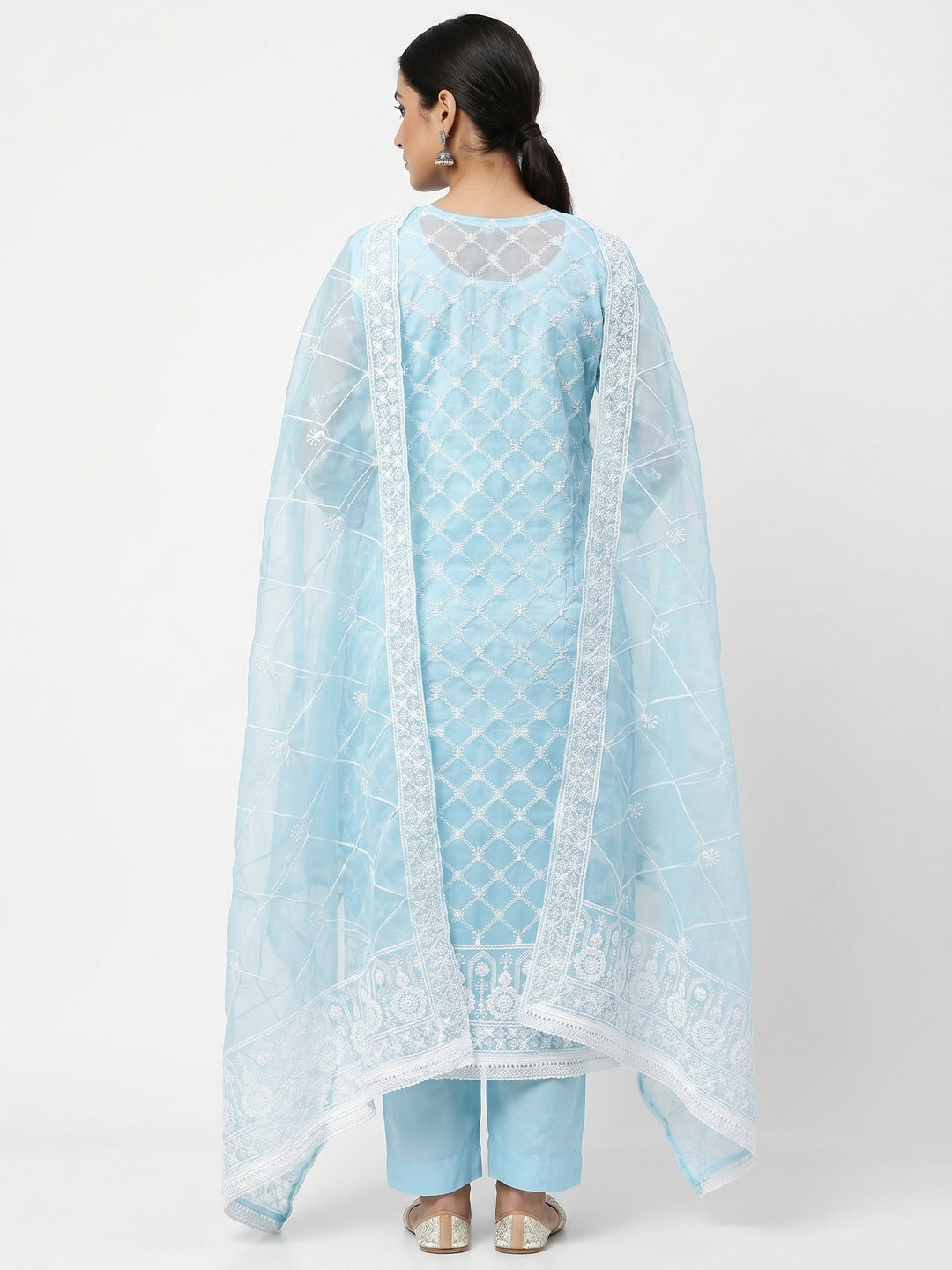 Blue Floral Embroidered Organza Dress Material - Image 3
