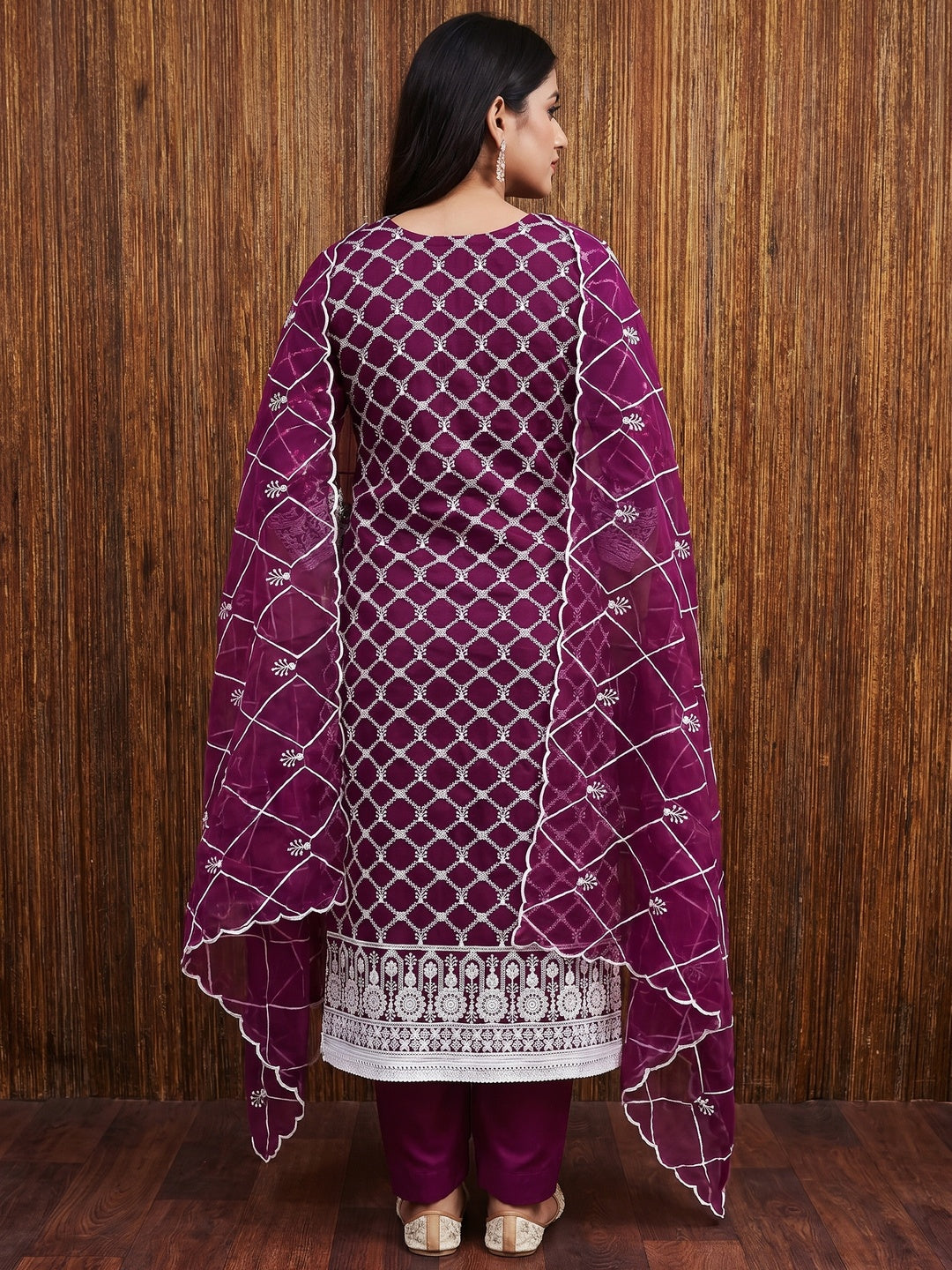 Wine Floral Embroidered Organza Dress Material - Image 3