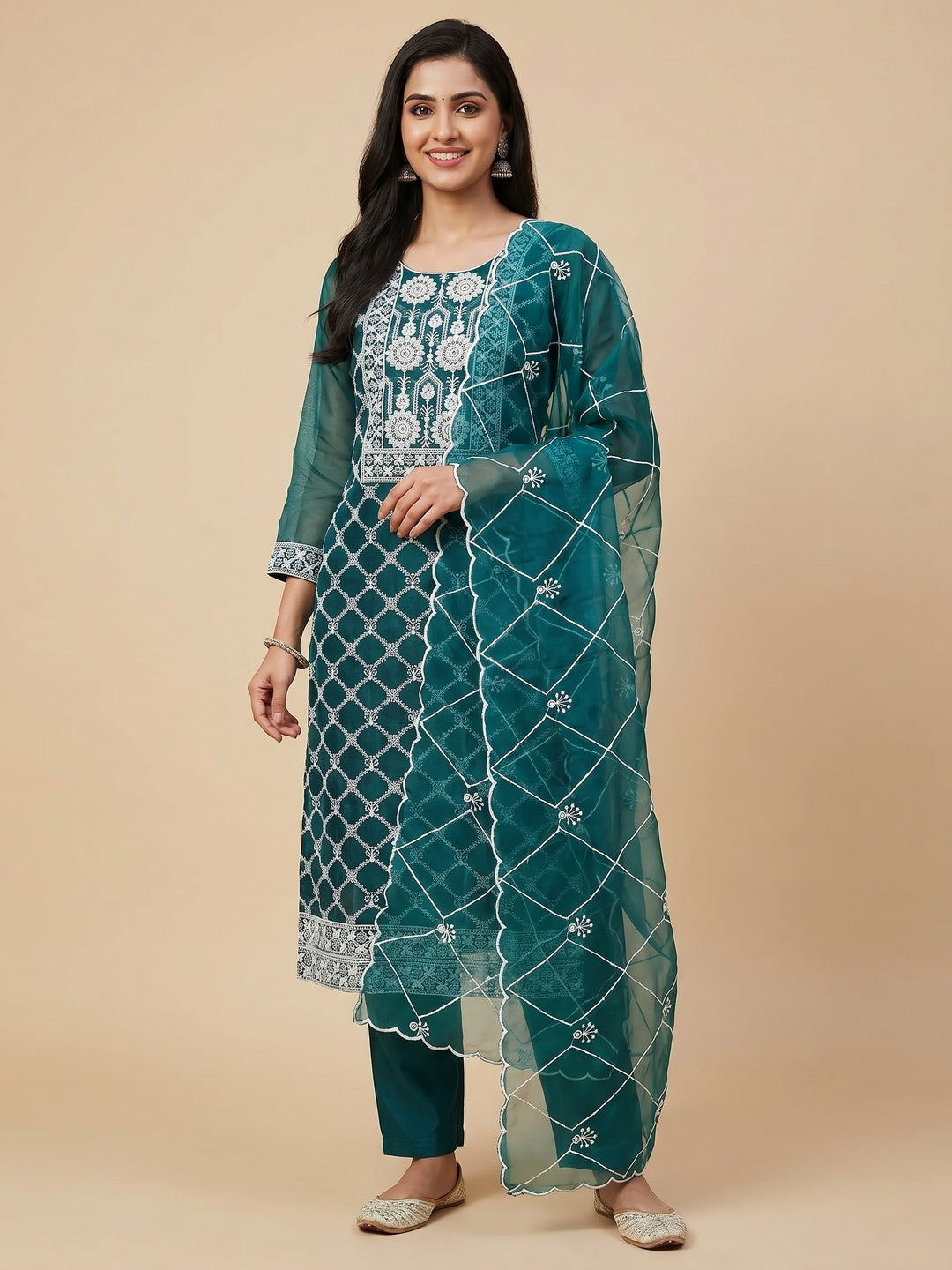 Rama Green Floral Embroidered Organza Dress Material - Image 1