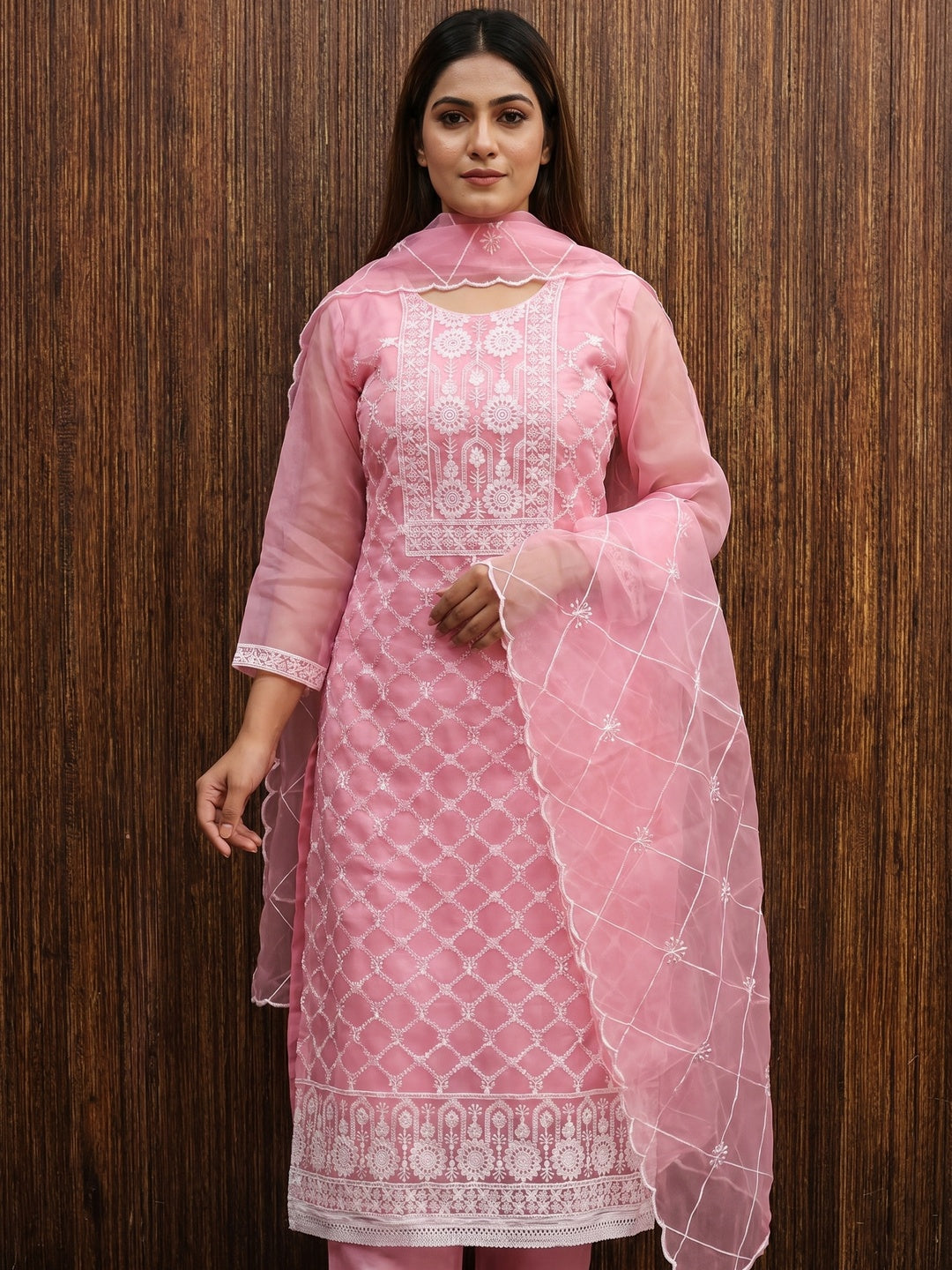 Pink Floral Embroidered Organza Dress Material - Image 1