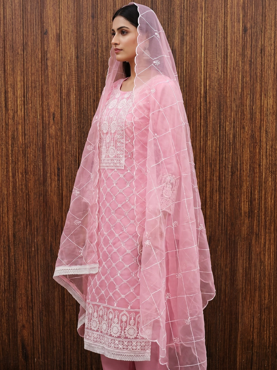 Pink Floral Embroidered Organza Dress Material - Image 3