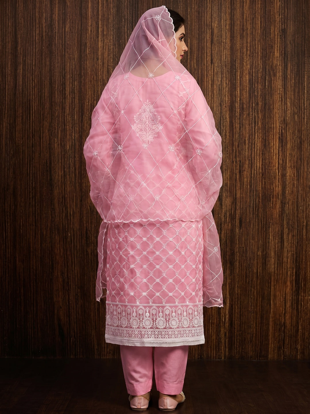 Pink Floral Embroidered Organza Dress Material - Image 2