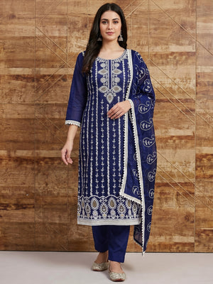 Blue Floral Embroidered Chanderi Cotton Dress Material - Image 1