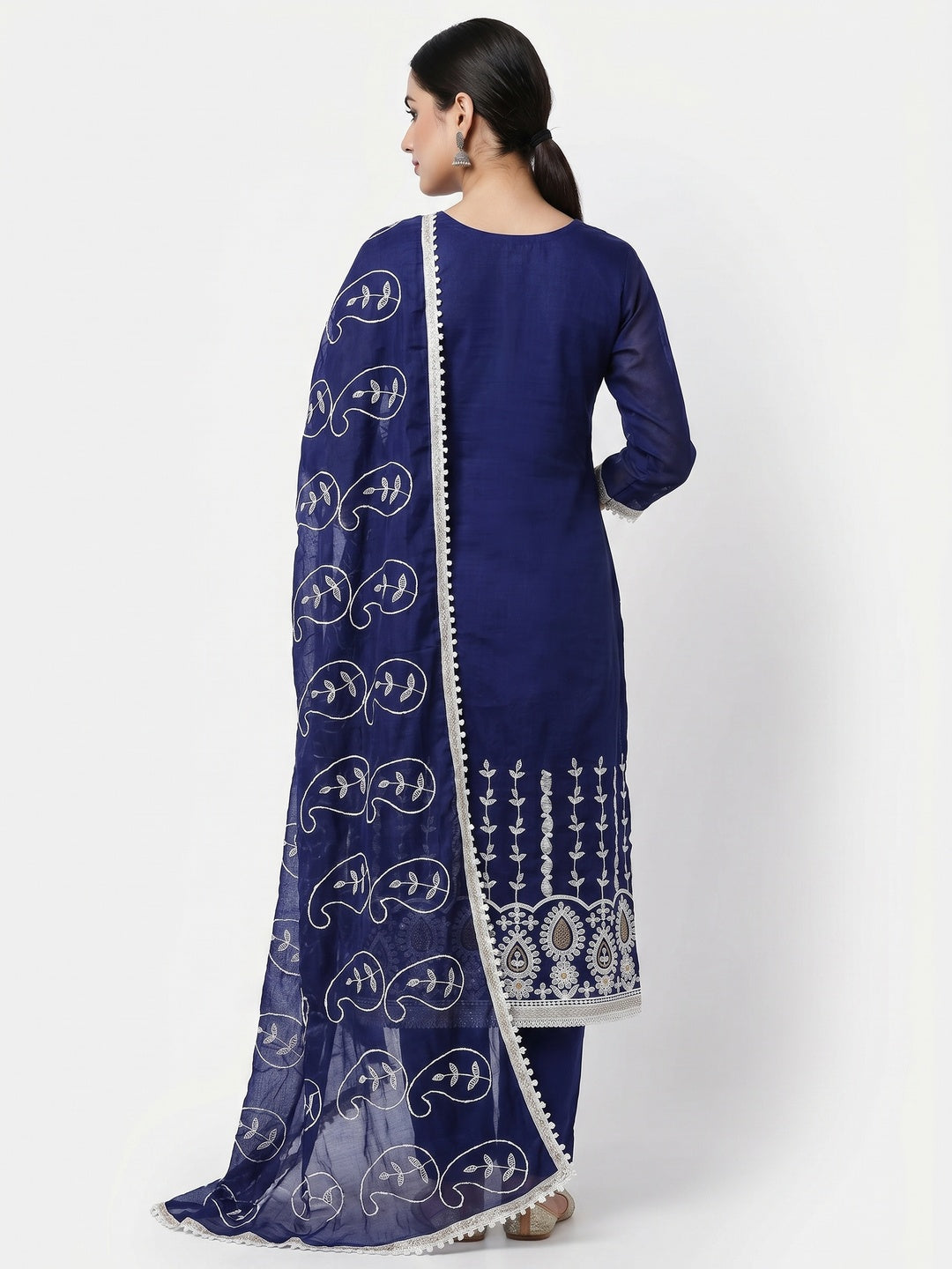 Blue Floral Embroidered Chanderi Cotton Dress Material - Image 3