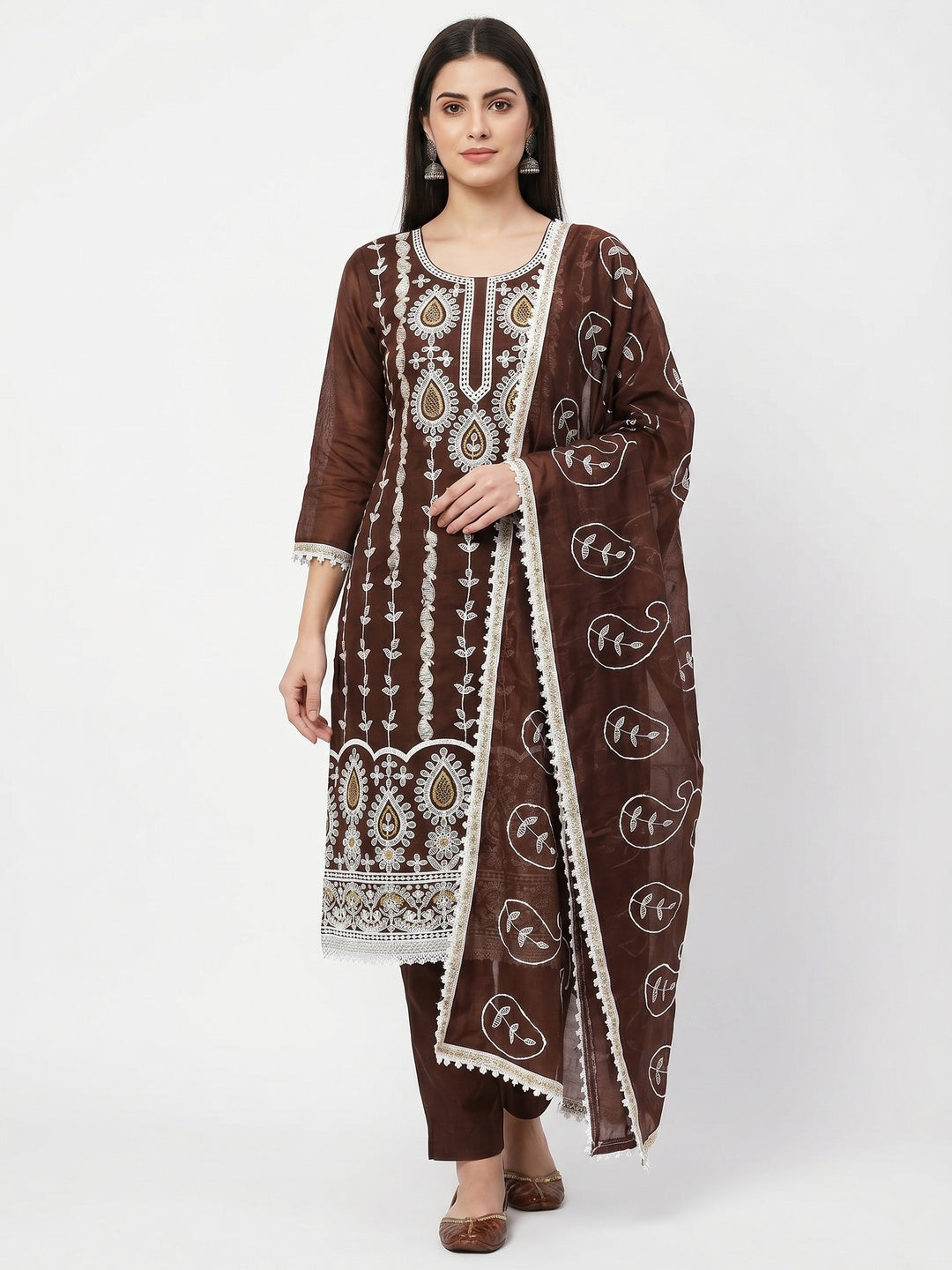Brown Floral Embroidered Chanderi Cotton Dress Material - Image 1