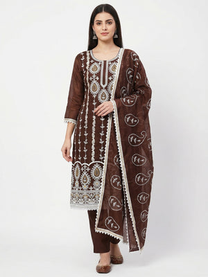 Brown Floral Embroidered Chanderi Cotton Dress Material - Image 1