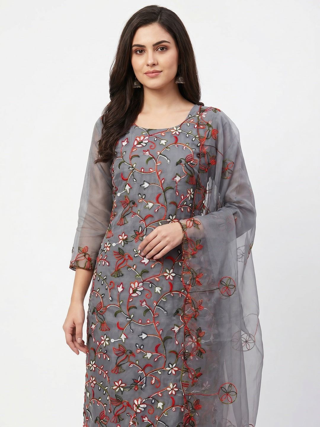 Grey Floral Embroidered Organza Dress Material - Image 1