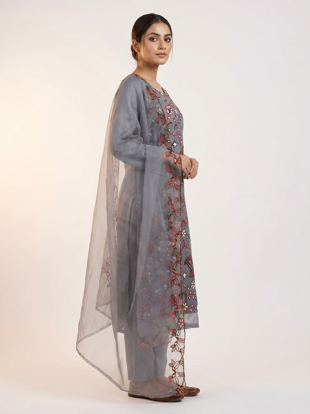Grey Floral Embroidered Organza Dress Material - Image 2