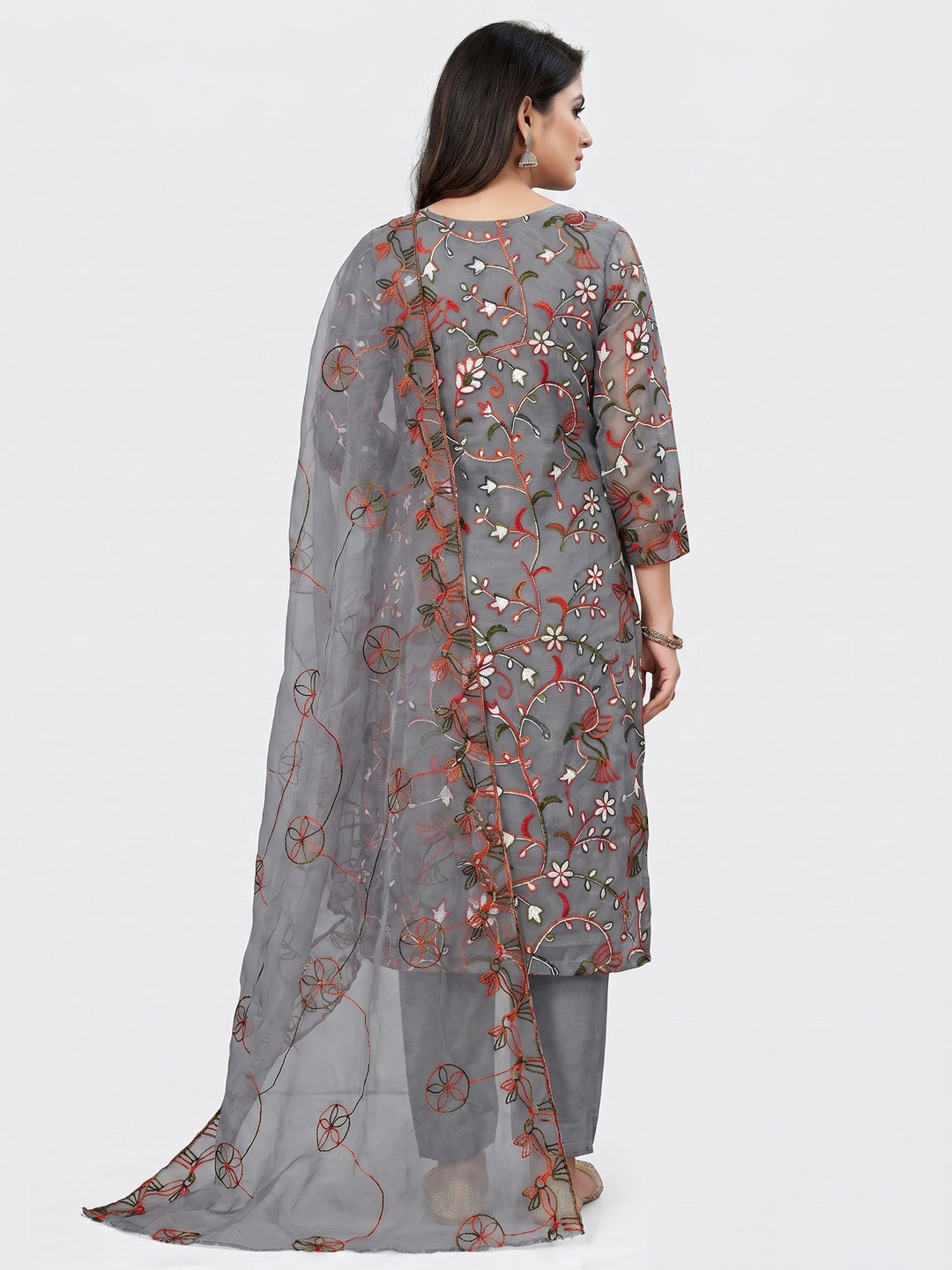 Grey Floral Embroidered Organza Dress Material - Image 3