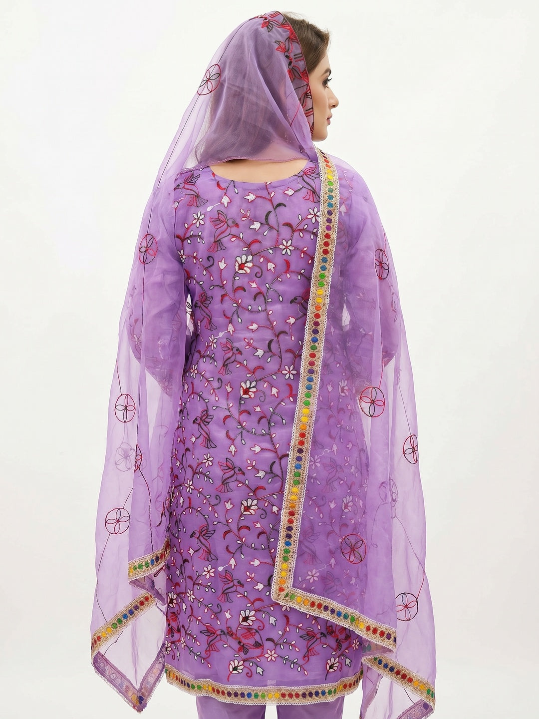 Lavender Floral Embroidered Organza Dress Material - Image 3