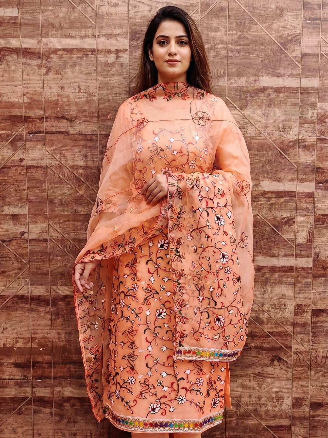 Peach Floral Embroidered Organza Dress Material - Image 1