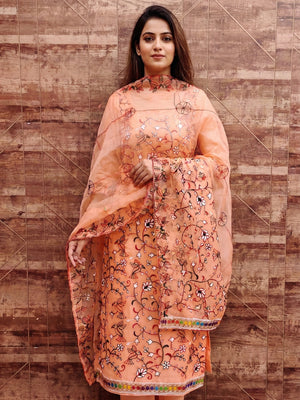 Peach Floral Embroidered Organza Dress Material - Image 1