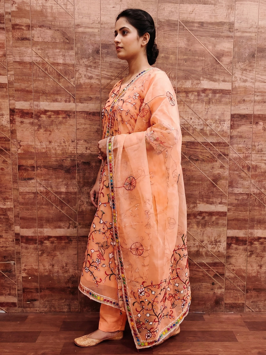 Peach Floral Embroidered Organza Dress Material - Image 3