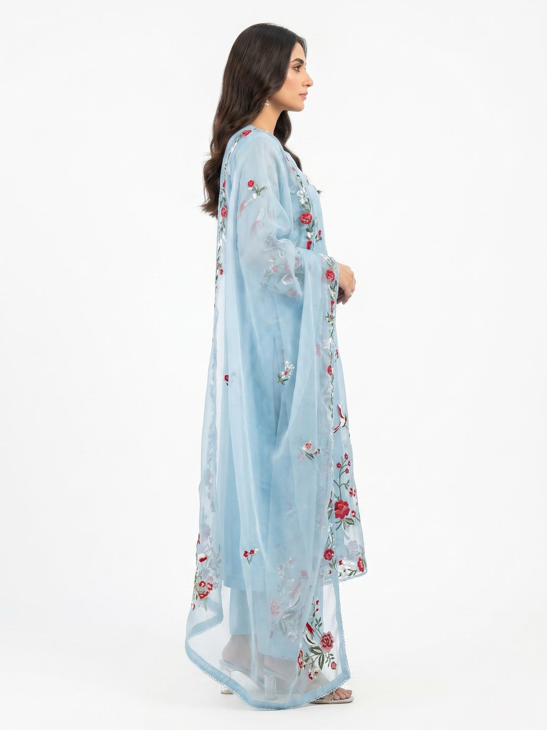 Blue Floral Embroidered Organza Dress Material - Image 2