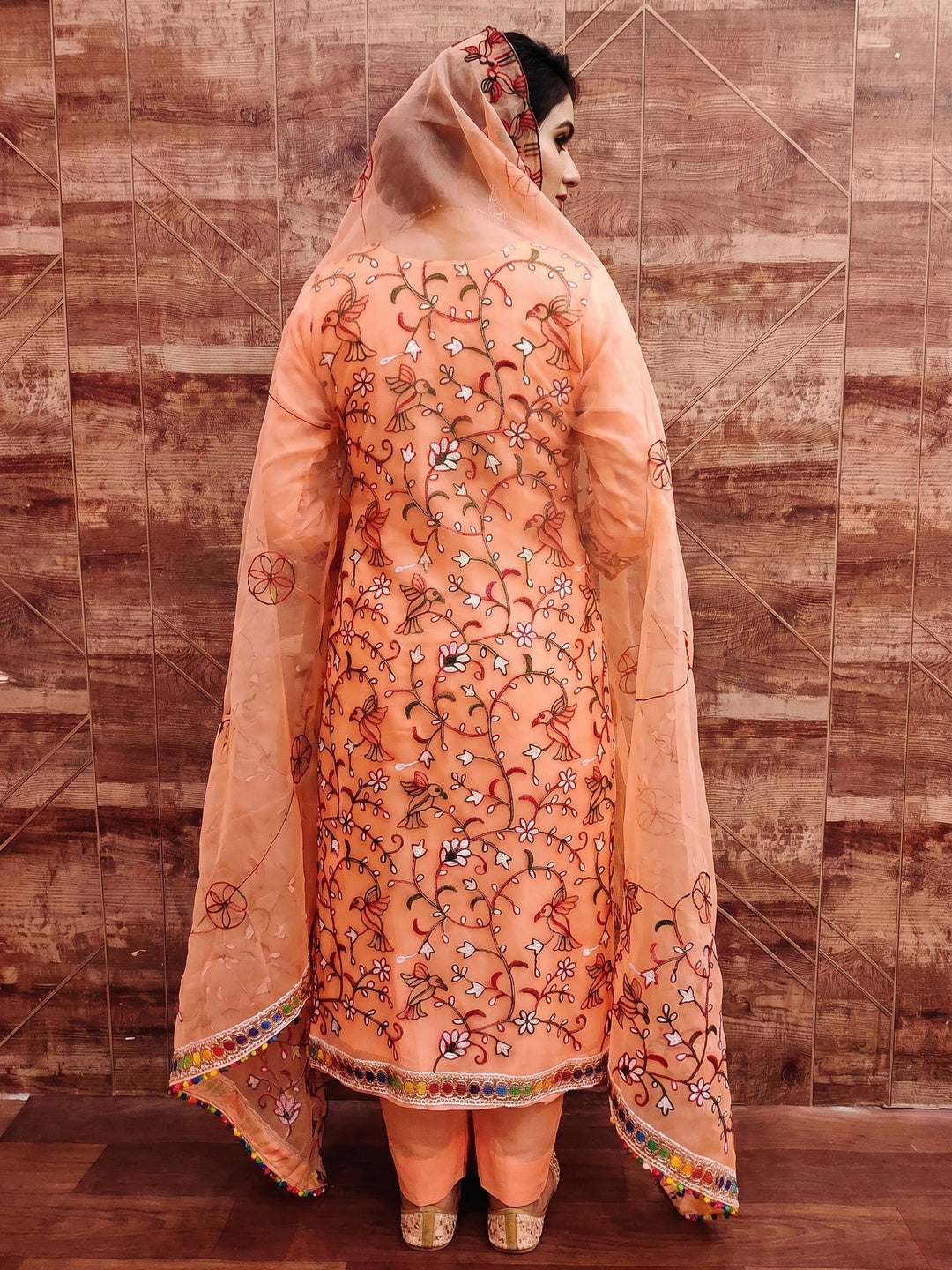 Peach Floral Embroidered Organza Dress Material - Image 2