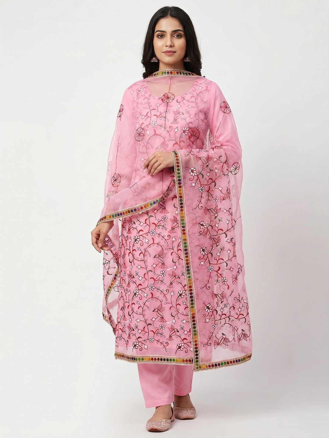 Pink Floral Embroidered Organza Dress Material - Image 1