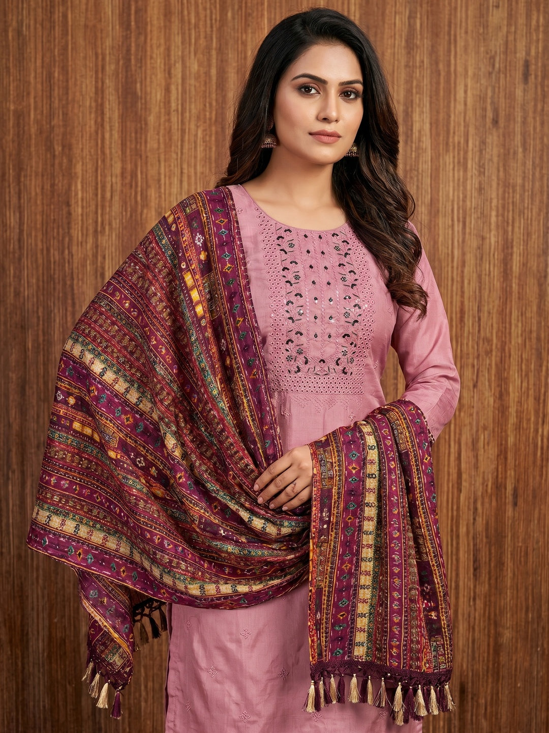 Pink Floral Sequins Embroidered Cotton Silk Dress Material - Image 1