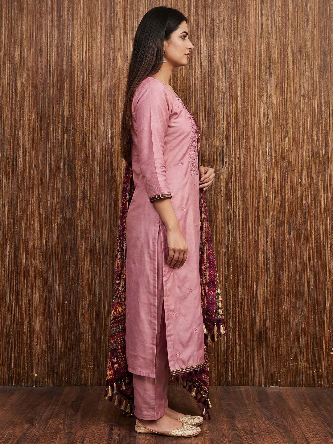 Pink Floral Sequins Embroidered Cotton Silk Dress Material - Image 2