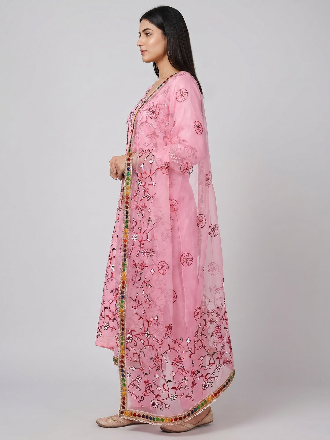 Pink Floral Embroidered Organza Dress Material - Image 2
