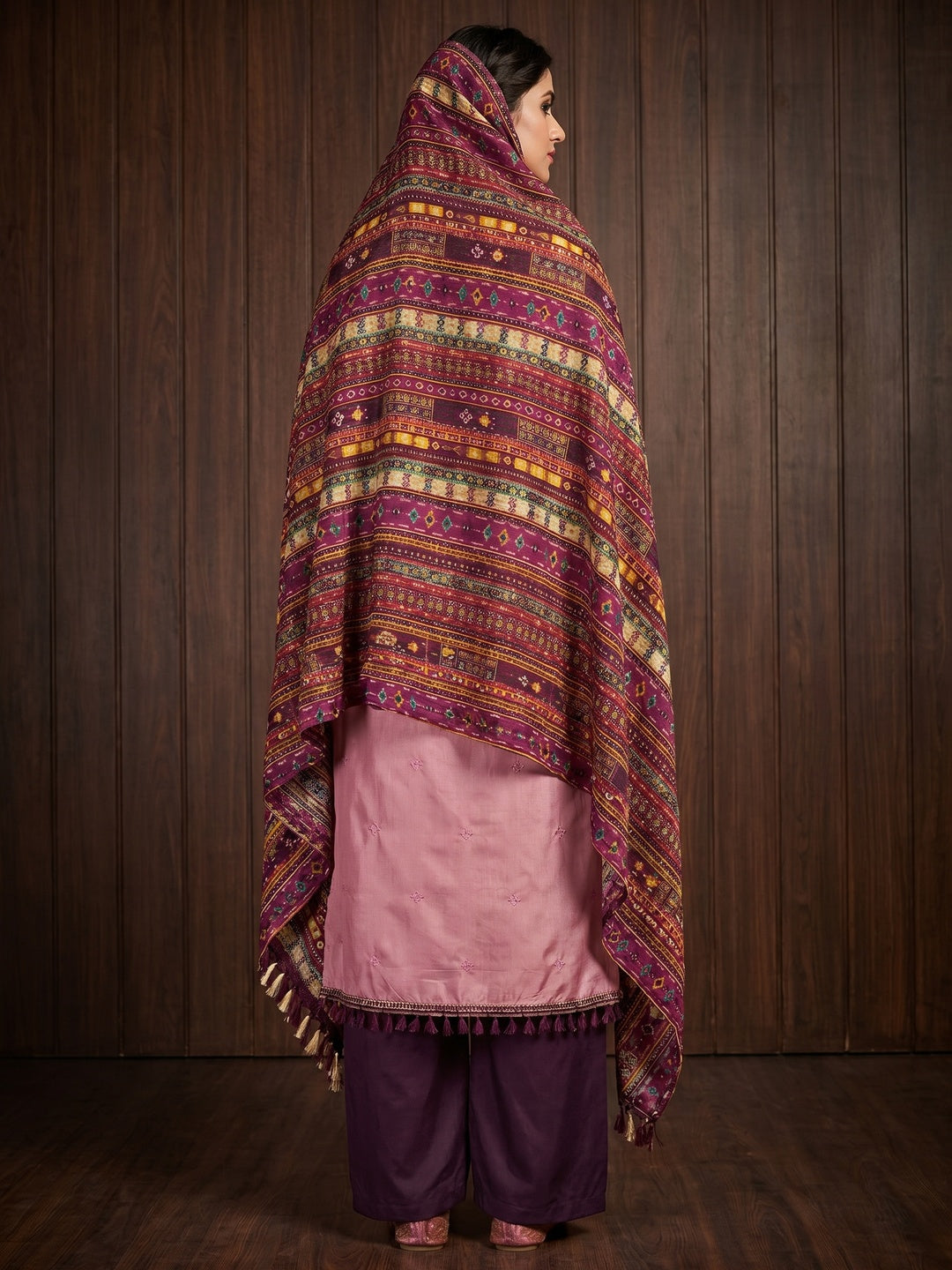 Pink Floral Sequins Embroidered Cotton Silk Dress Material - Image 3
