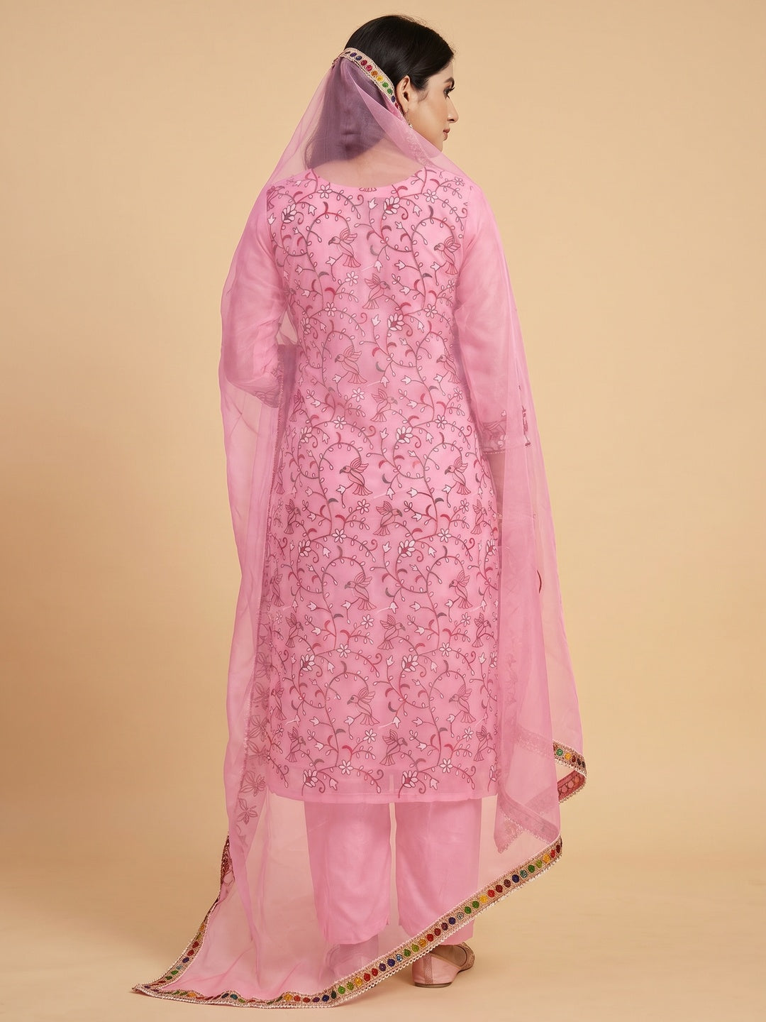Pink Floral Embroidered Organza Dress Material - Image 3