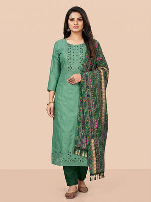 Green Floral Sequins Embroidered Cotton Silk Dress Material - Image 1