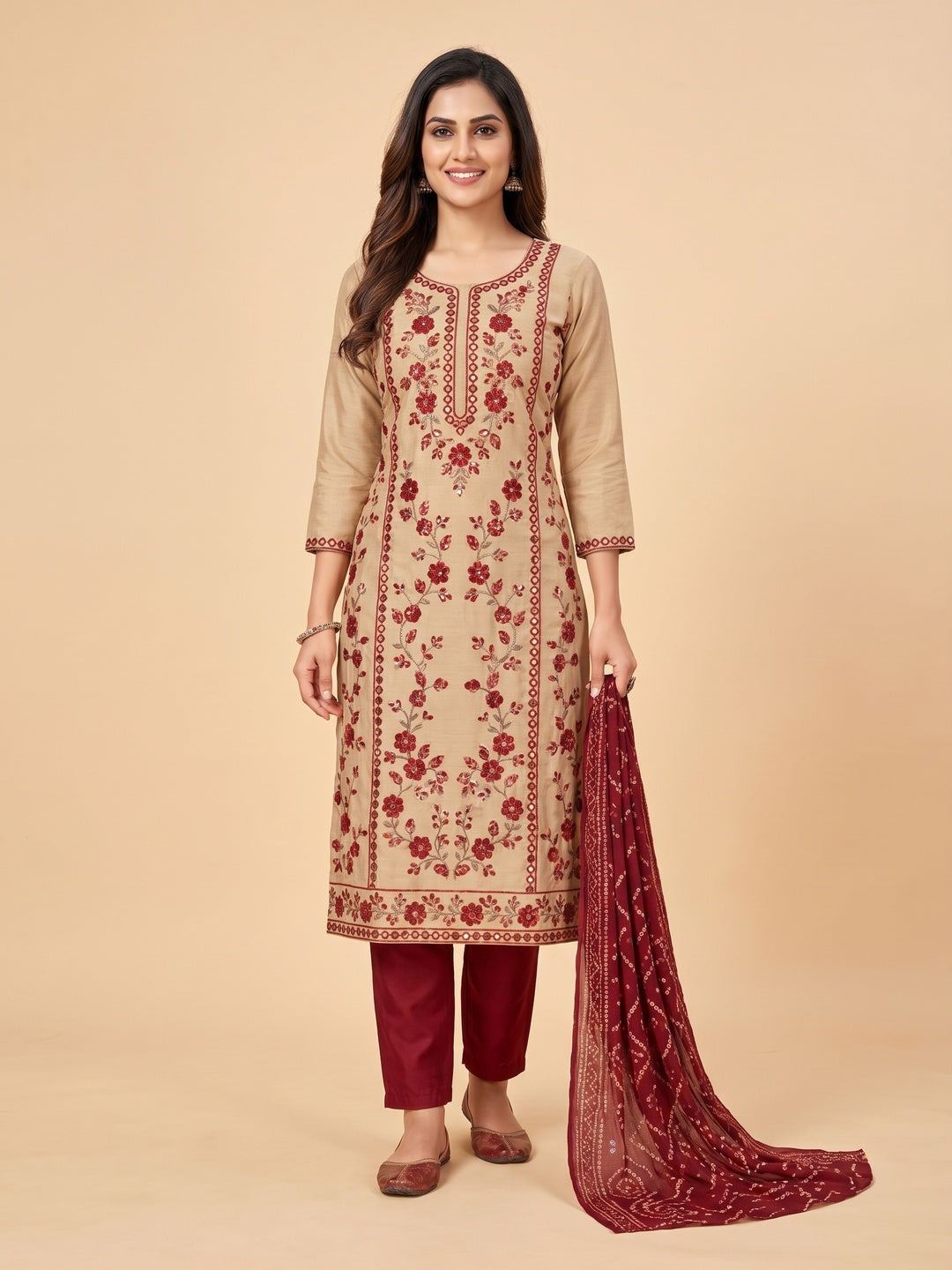 Beige Floral Sequins Embroidered Cotton Silk Dress Material - Image 1