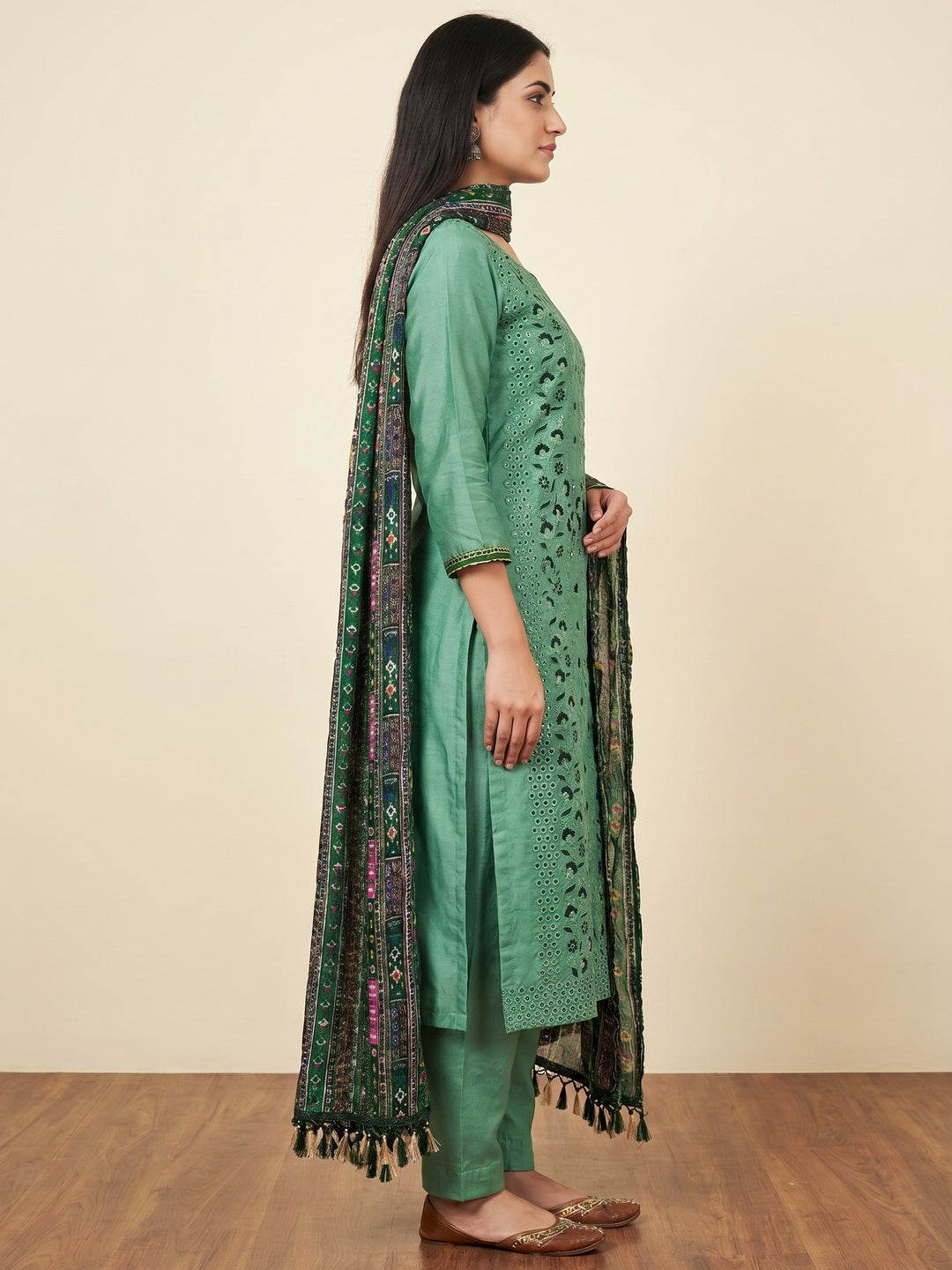 Green Floral Sequins Embroidered Cotton Silk Dress Material - Image 2