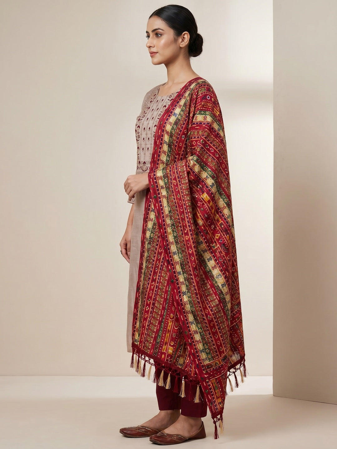 Beige Floral Sequins Embroidered Cotton Silk Dress Material - Image 2