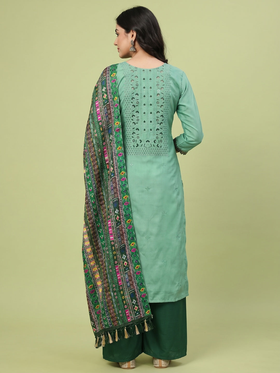 Green Floral Sequins Embroidered Cotton Silk Dress Material - Image 3