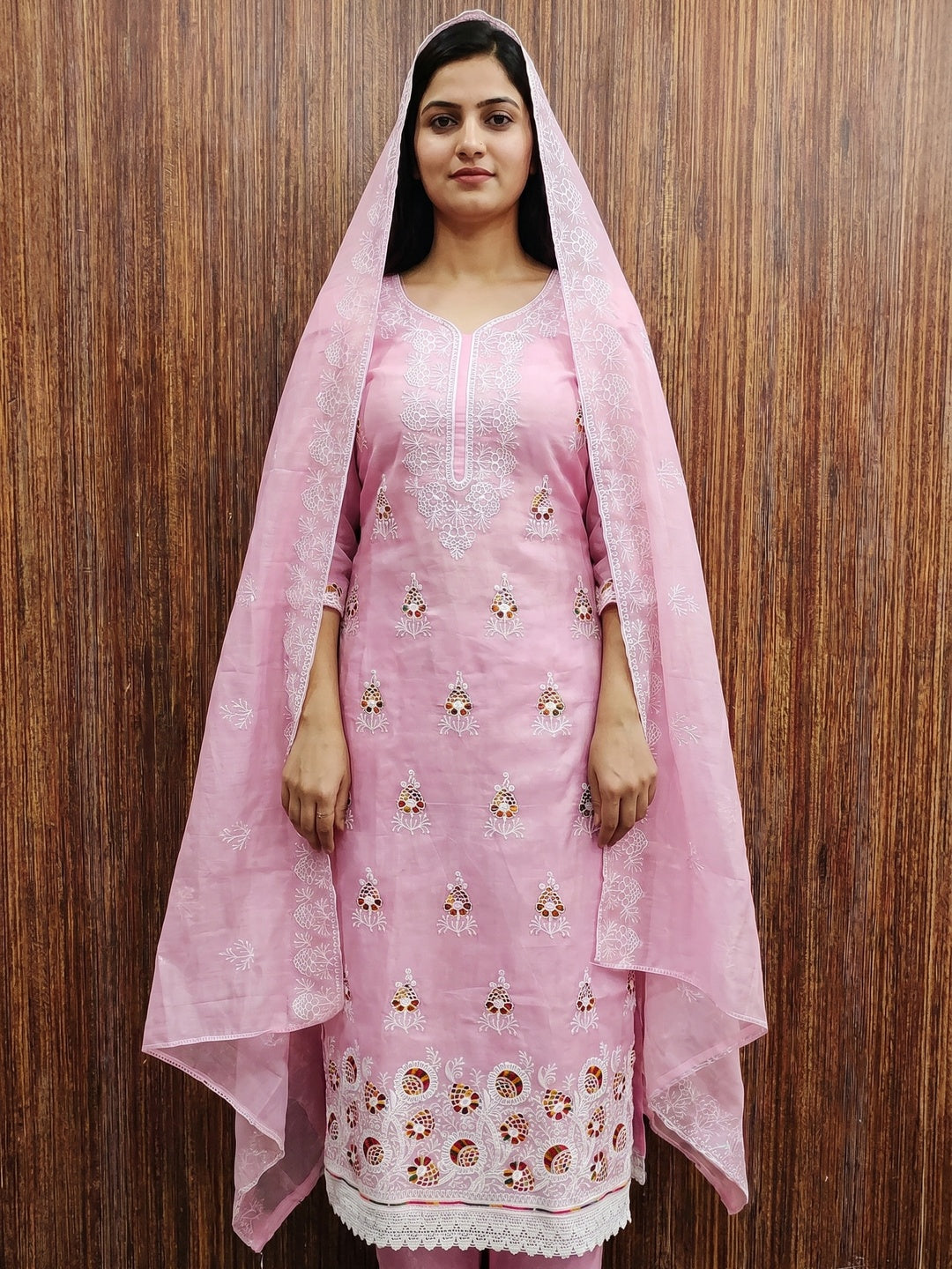 Pink Floral Embroidered Chanderi Cotton Dress Material - Image 4