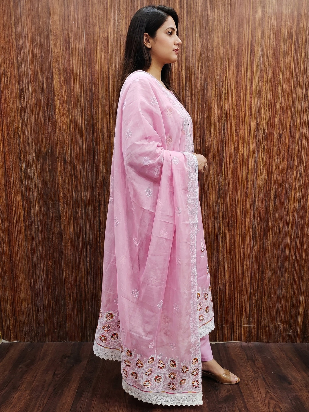 Pink Floral Embroidered Chanderi Cotton Dress Material - Image 2
