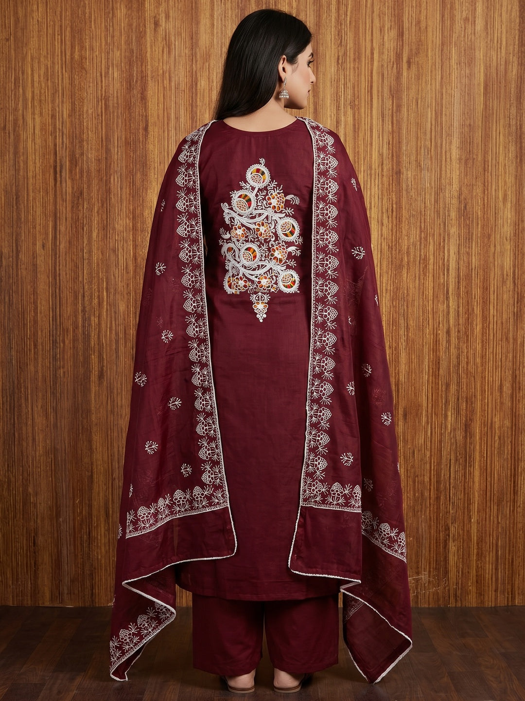 Maroon Floral Embroidered Chanderi Cotton Dress Material - Image 2