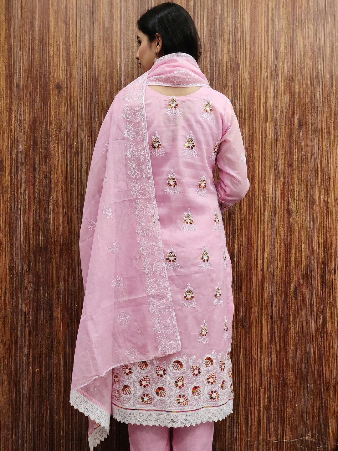 Pink Floral Embroidered Chanderi Cotton Dress Material - Image 3