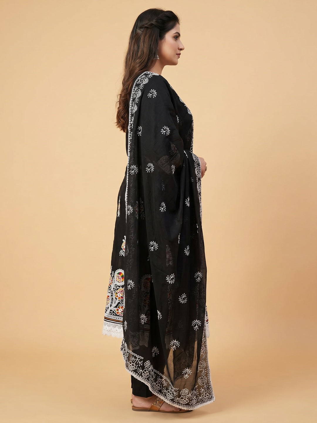 Black Floral Embroidered Chanderi Cotton Dress Material - Image 3