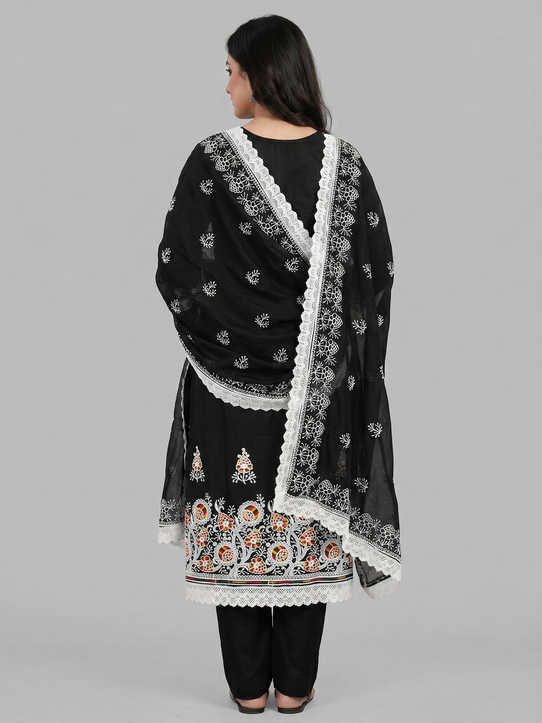 Black Floral Embroidered Chanderi Cotton Dress Material - Image 2