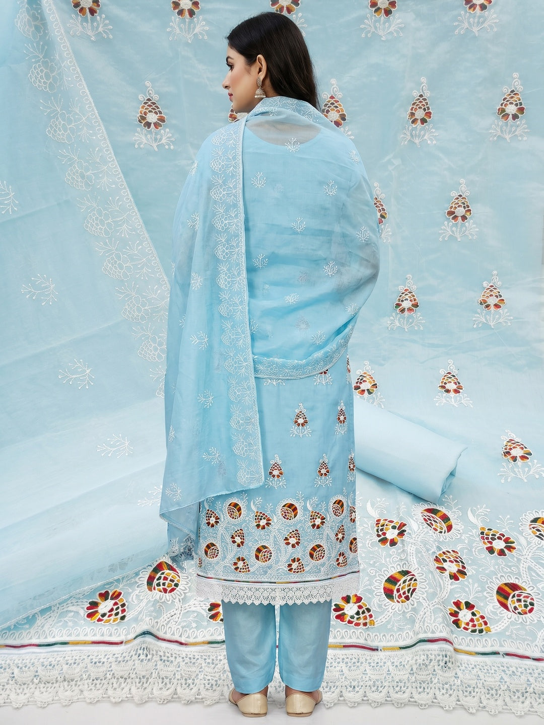 Blue Floral Embroidered Chanderi Cotton Dress Material - Image 2