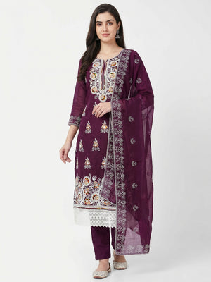 Wine Floral Embroidered Chanderi Cotton Dress Material - Image 1