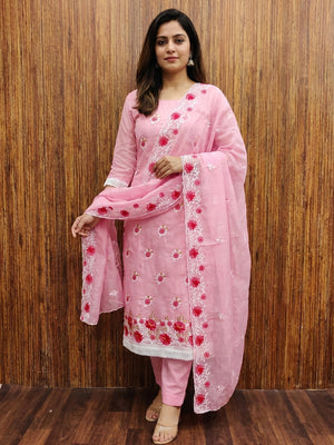 Pink Floral Embroidered Chanderi Cotton Dress Material - Image 1