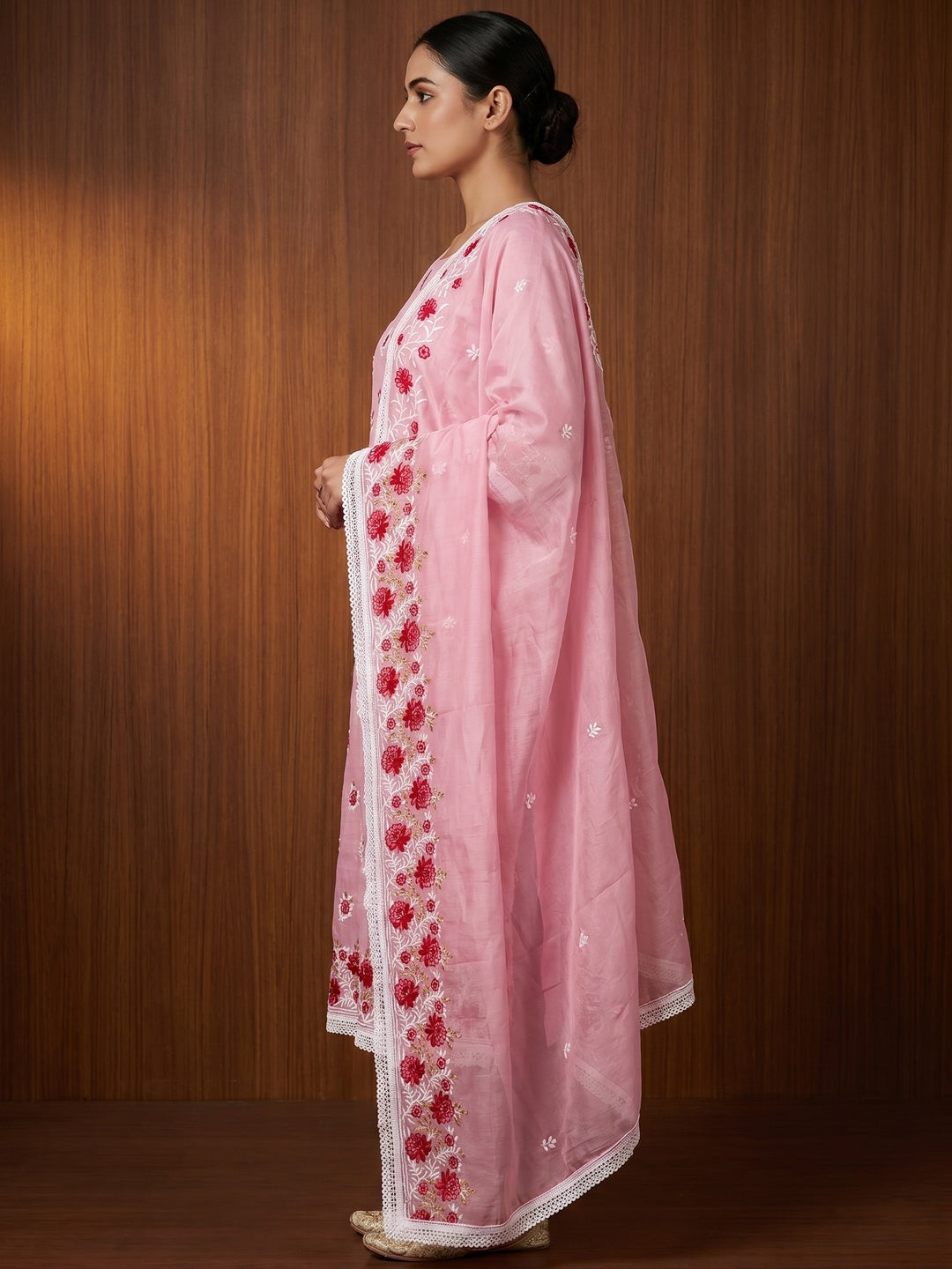 Pink Floral Embroidered Chanderi Cotton Dress Material - Image 2