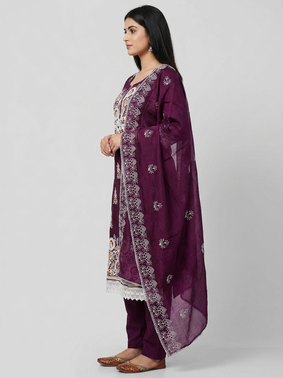Wine Floral Embroidered Chanderi Cotton Dress Material - Image 3
