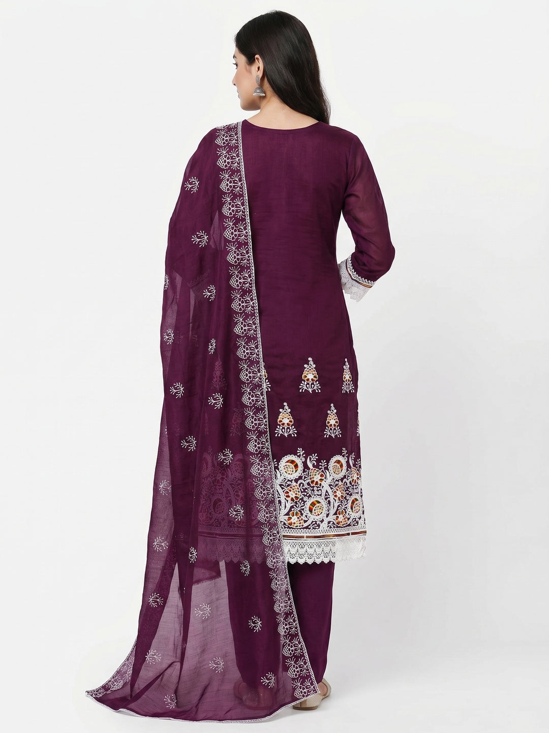 Wine Floral Embroidered Chanderi Cotton Dress Material - Image 2