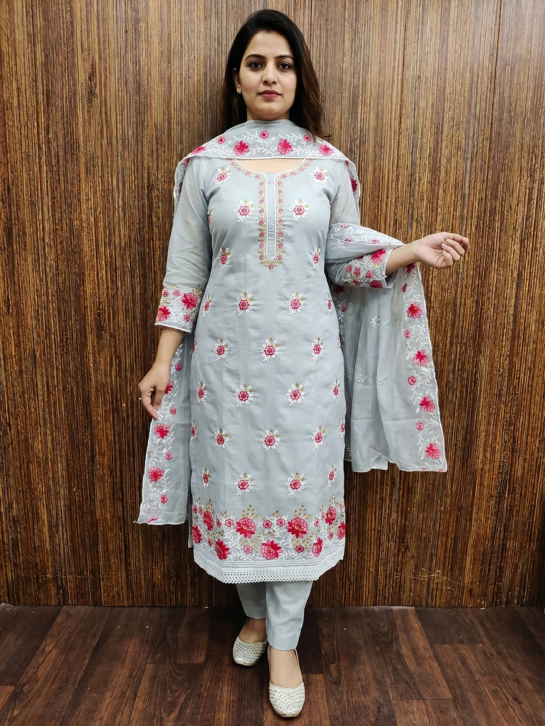 Grey Floral Embroidered Chanderi Cotton Dress Material - Image 1