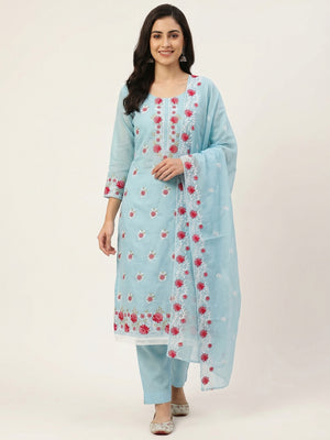 Blue Floral Embroidered Chanderi Cotton Dress Material - Image 1